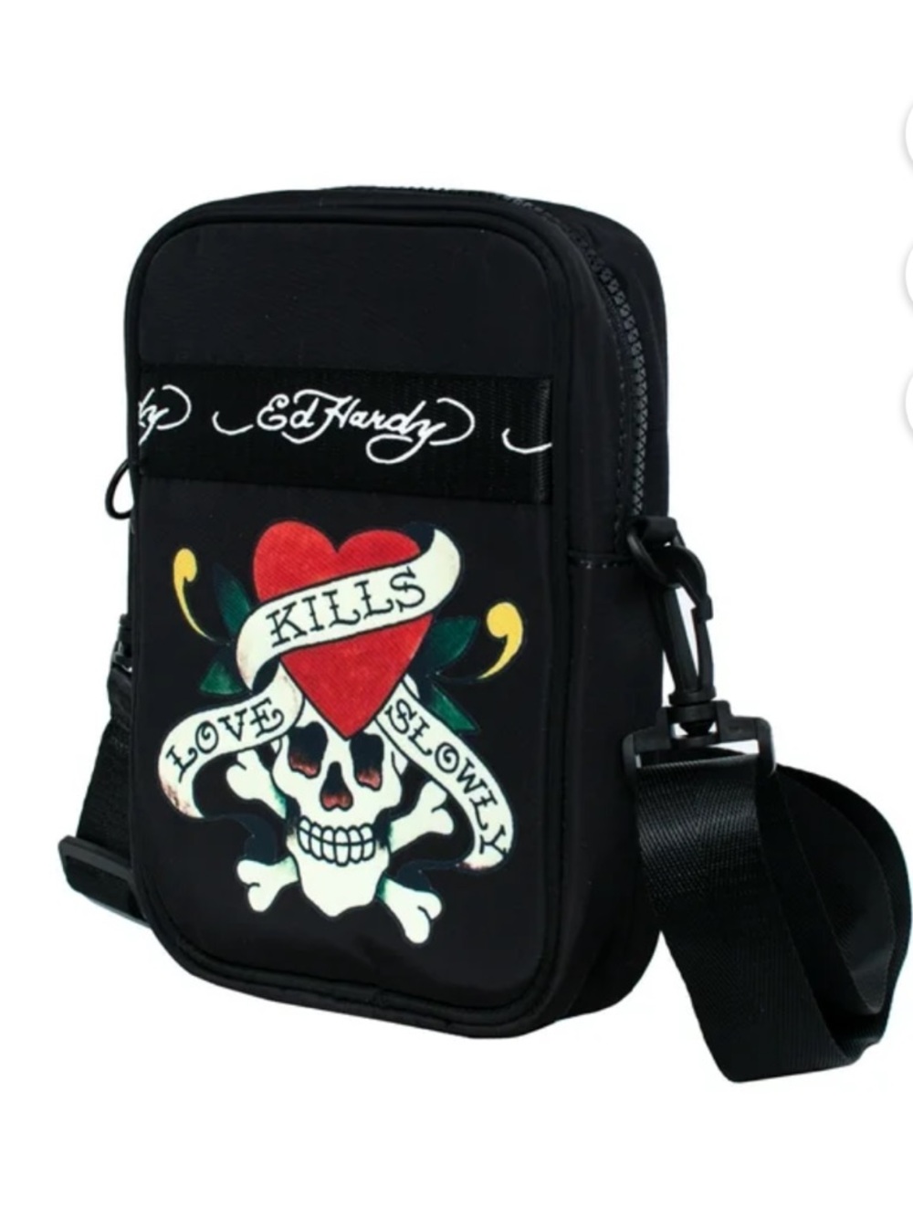 Ed Hardy New Black Crossbody Bag with Red Heart Skull Graphic - Picture 2 of 4
